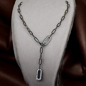 FAC Gun Metal Crystal Link Lariat Style Necklace
